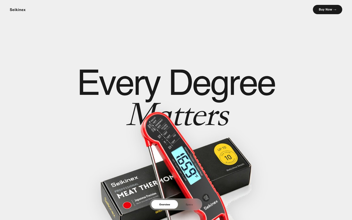 演示站首页：大标题 Every Degree Matters 和一支红色的肉类温度计